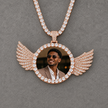 CUSTOM ANGEL WINGS PHOTO PENDANT MEDALLION + CHAIN