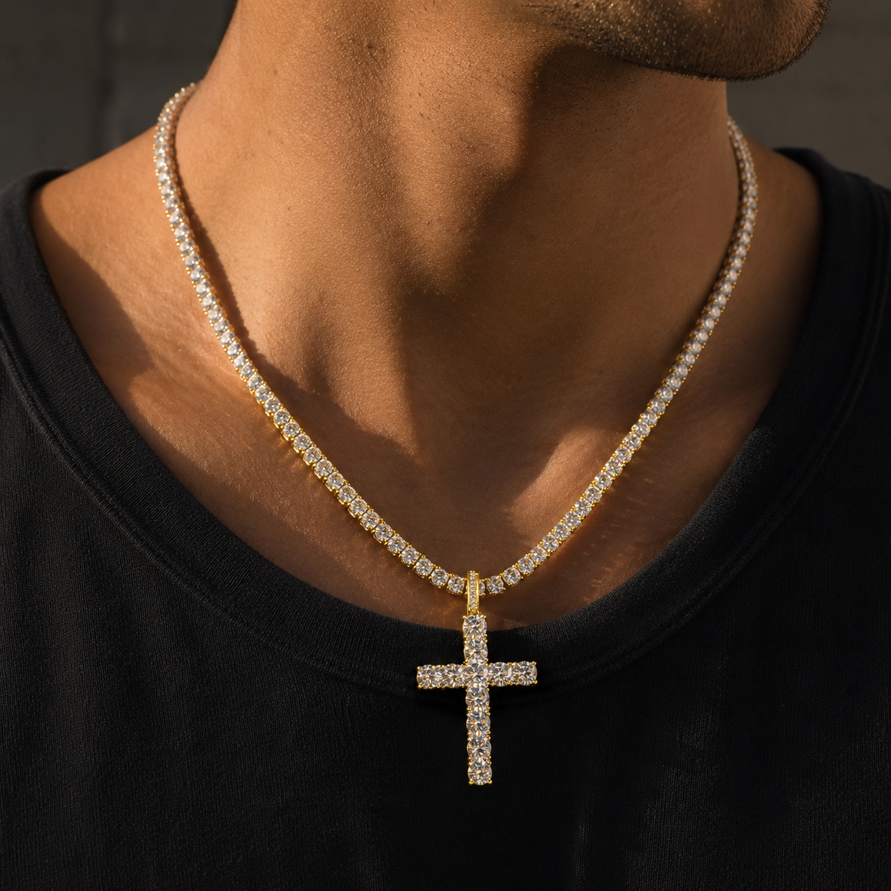 4MM ROUND CUT TENNIS CHAIN + CROSS PENDANT SET