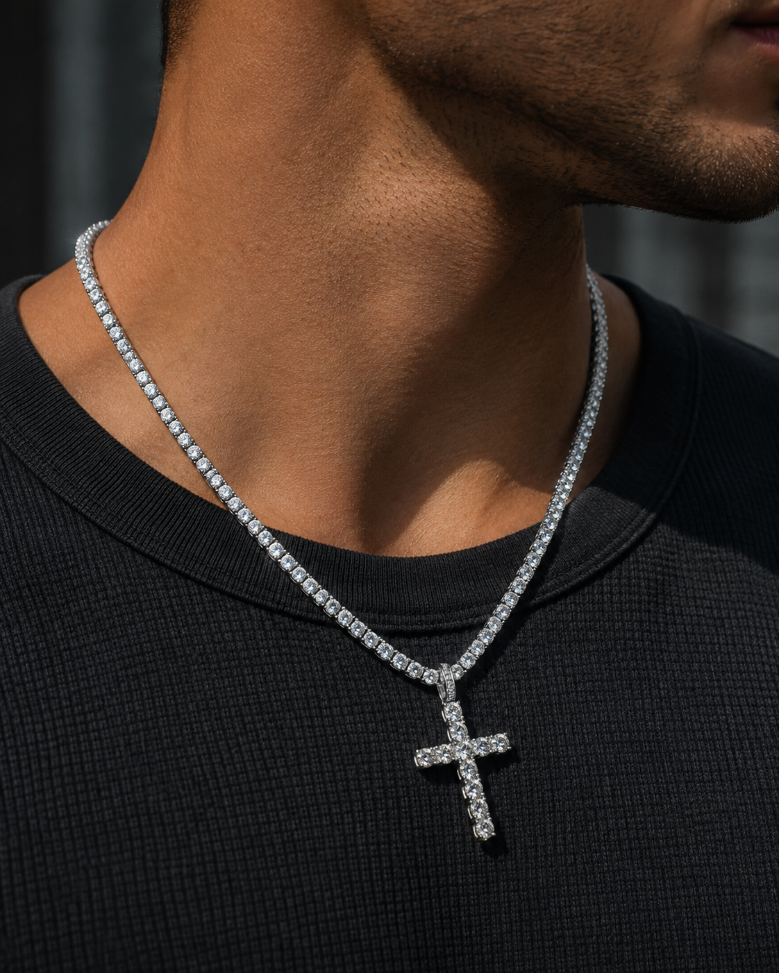 4MM ROUND CUT TENNIS CHAIN + CROSS PENDANT SET