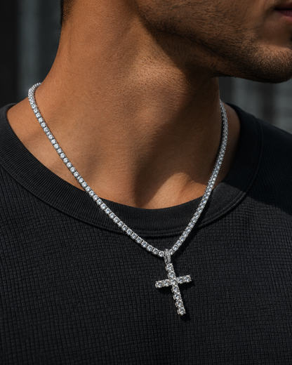 4MM ROUND CUT TENNIS CHAIN + CROSS PENDANT SET