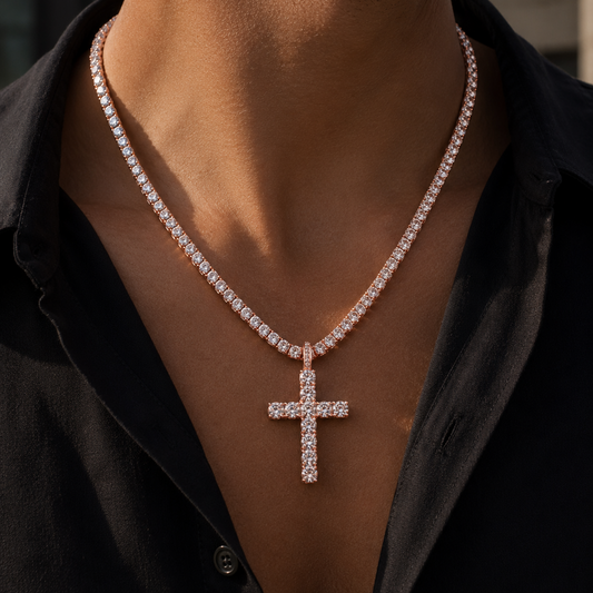 4MM ROUND CUT TENNIS CHAIN + CROSS PENDANT SET