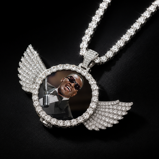 CUSTOM ANGEL WINGS PHOTO PENDANT MEDALLION + CHAIN