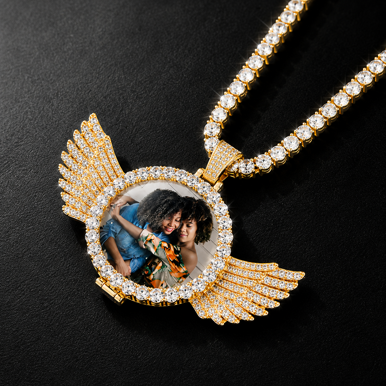 CUSTOM ANGEL WINGS PHOTO PENDANT MEDALLION + CHAIN