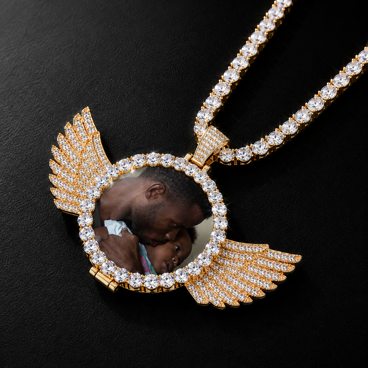 CUSTOM ANGEL WINGS PHOTO PENDANT MEDALLION + CHAIN