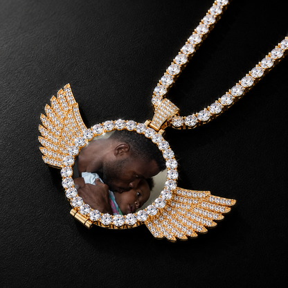 CUSTOM ANGEL WINGS PHOTO PENDANT MEDALLION + CHAIN