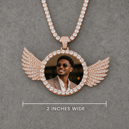 CUSTOM ANGEL WINGS PHOTO PENDANT MEDALLION + CHAIN