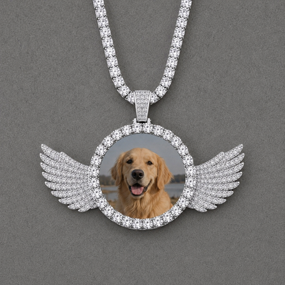 CUSTOM ANGEL WINGS PHOTO PENDANT MEDALLION + CHAIN