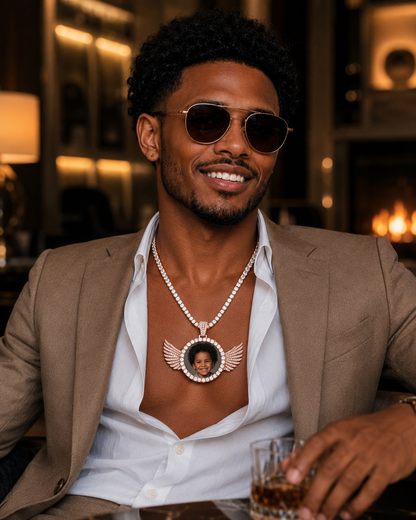 CUSTOM ANGEL WINGS PHOTO PENDANT MEDALLION + CHAIN