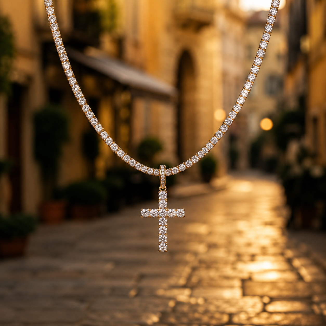 WOMENS 3MM ROUND CUT TENNIS CHAIN + CROSS SET