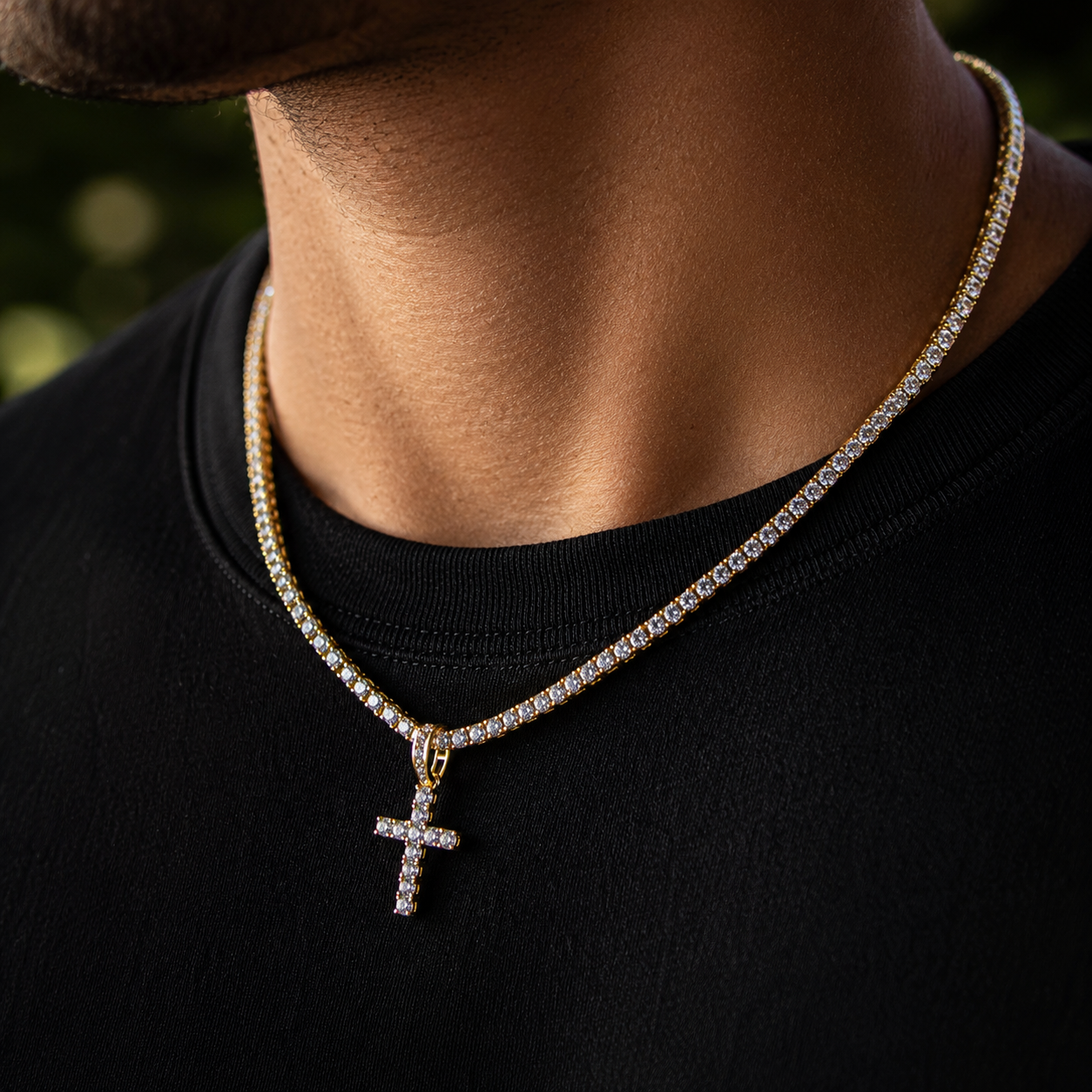 3MM ROUND CUT TENNIS CHAIN + CROSS PENDANT SET