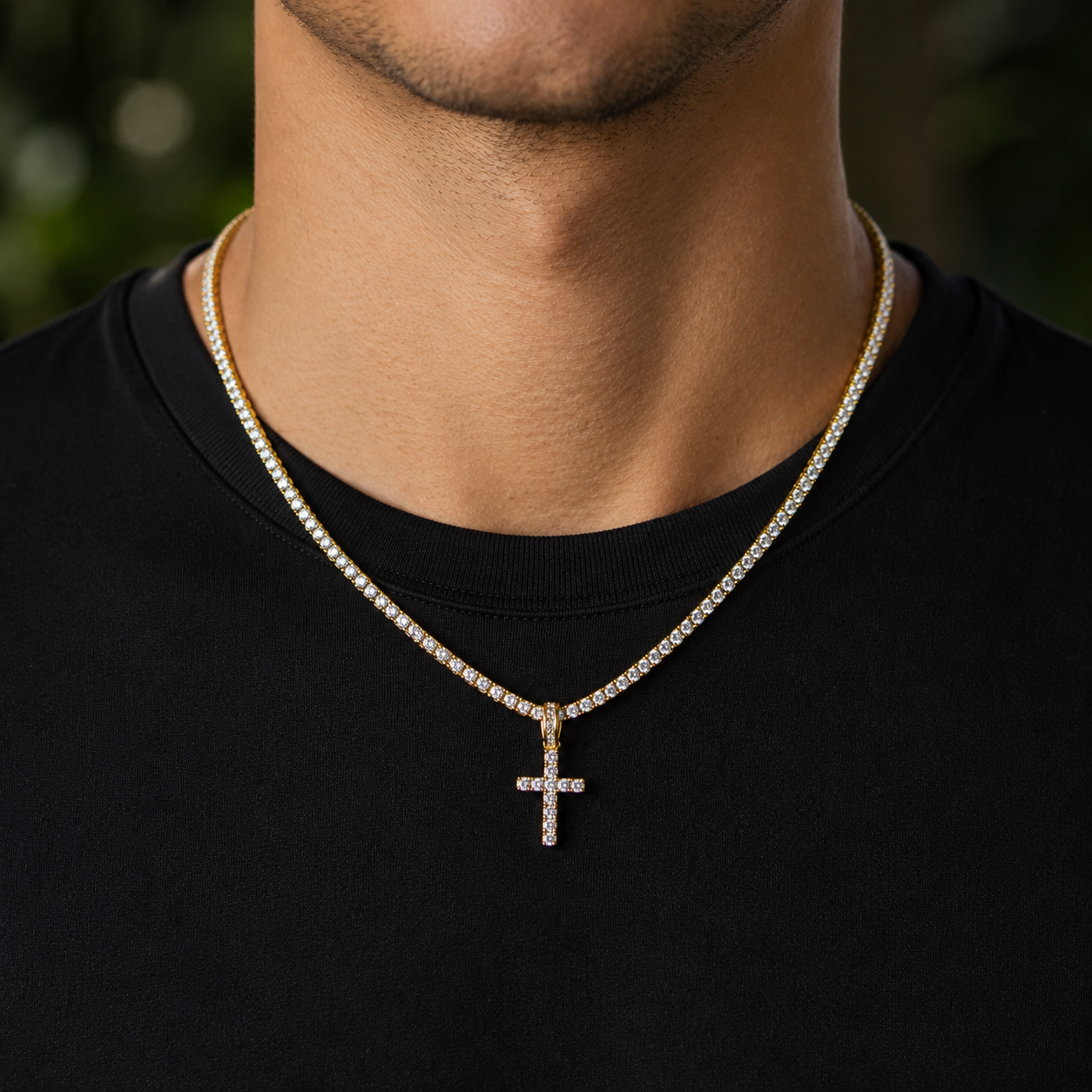 3MM ROUND CUT TENNIS CHAIN + CROSS PENDANT SET