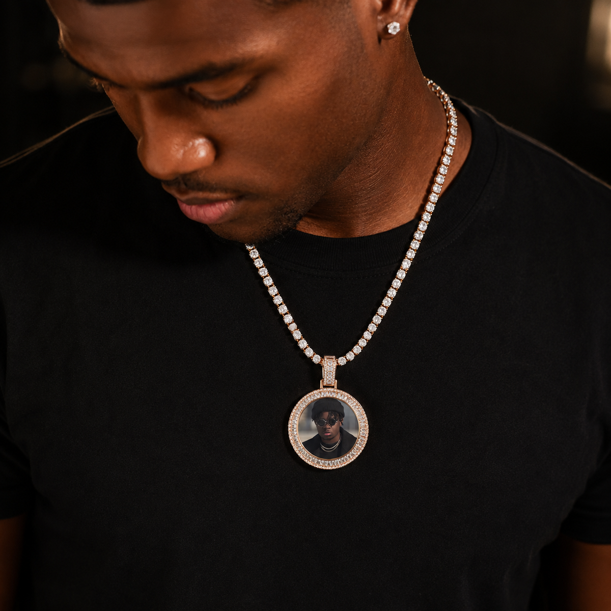 ICED OUT ROUND BAGUETTE DIAMOND PHOTO MEDALLION + CHAIN