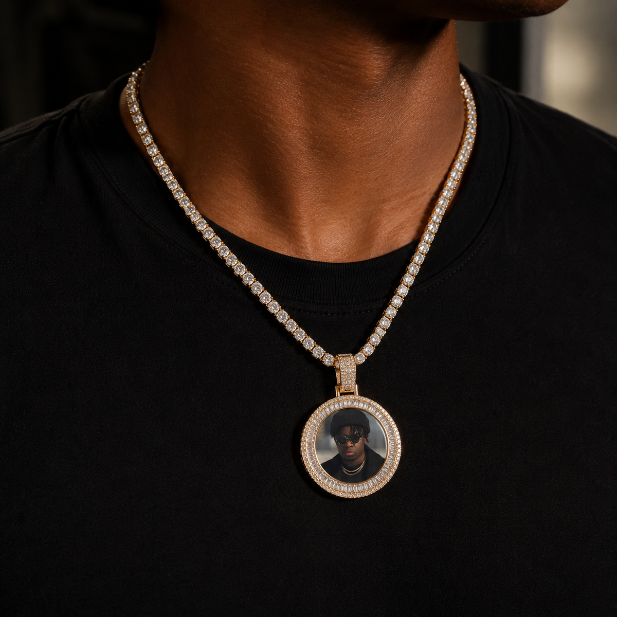 ICED OUT ROUND BAGUETTE DIAMOND PHOTO MEDALLION + CHAIN
