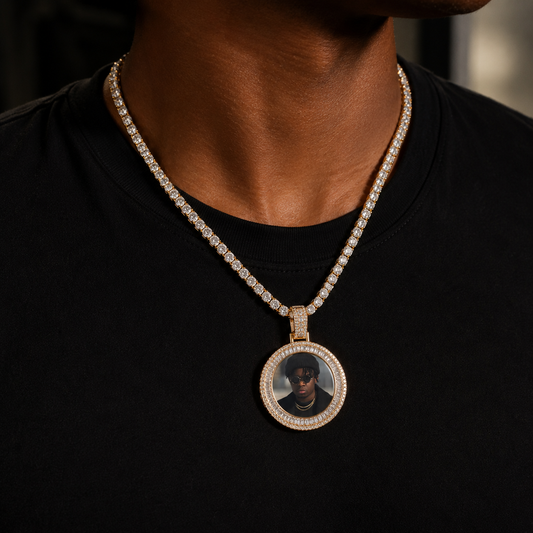 ICED OUT ROUND BAGUETTE DIAMOND PHOTO MEDALLION + CHAIN