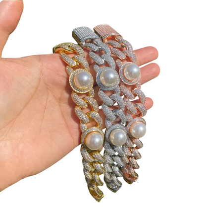 Iced Out Luxury Fusion Pearl & CZ Cuban Link Bracelet