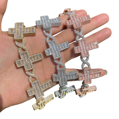 Iced Out Baguette Cross & Infinity Links Bracelet