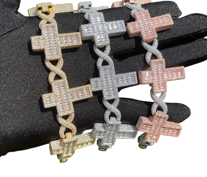 Iced Out Baguette Cross & Infinity Links Bracelet