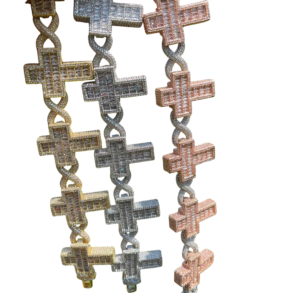 Iced Out Baguette Cross & Infinity Links Bracelet