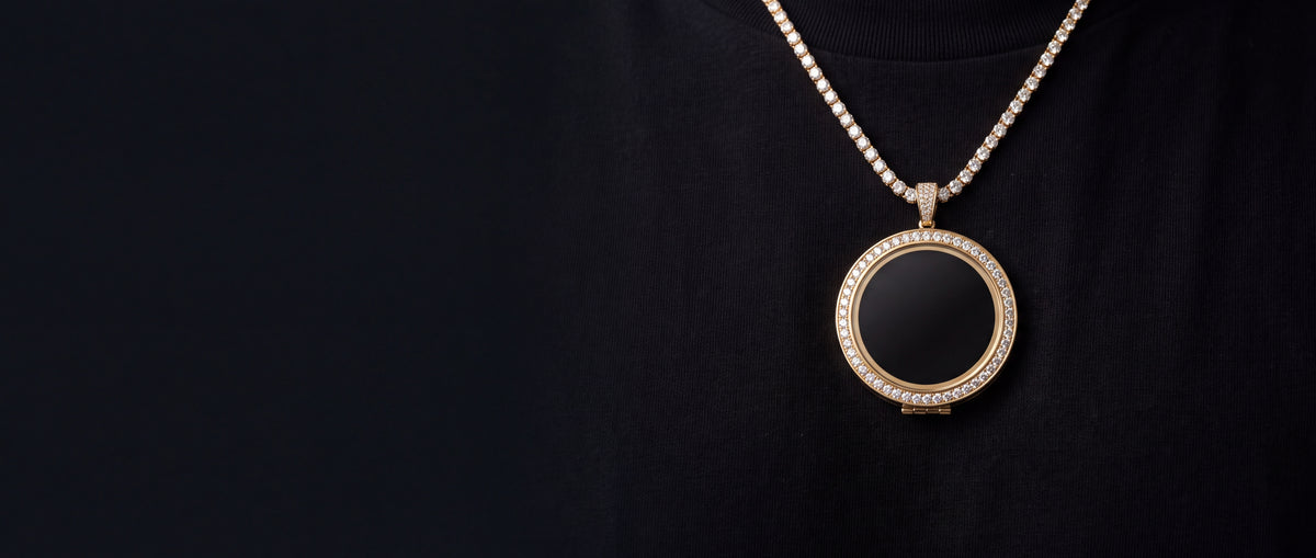 The medallion worn on a black t-shirt