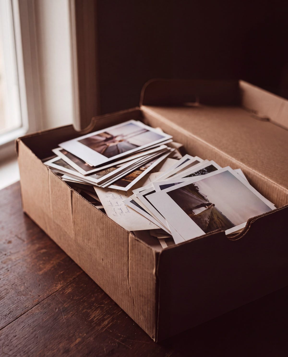 An open shoebox of loose photographic prints beside a window