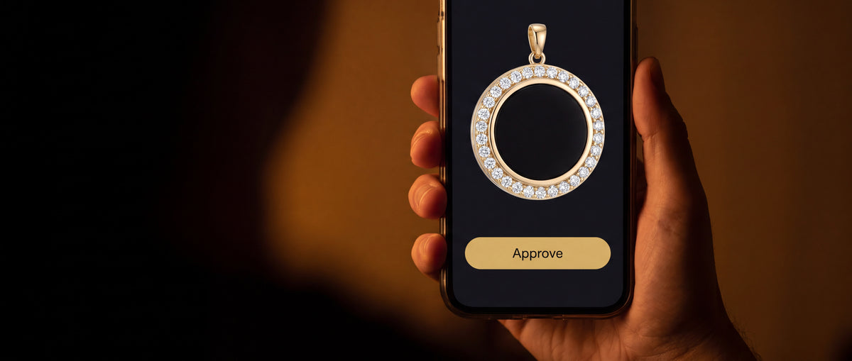 A hand holding a phone showing the proof with an Approve button