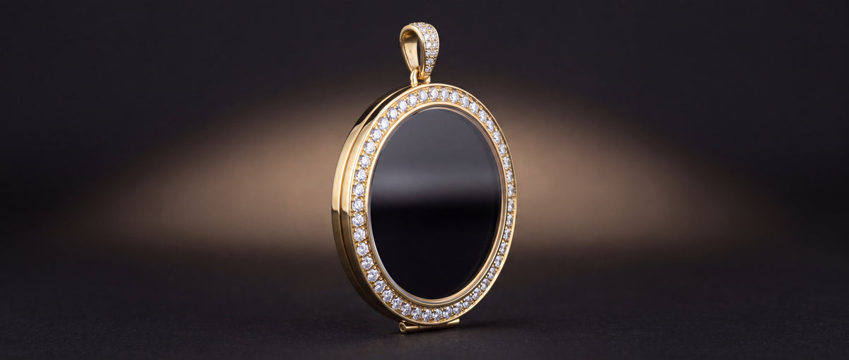 The medallion in profile against a dark ground