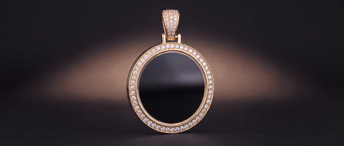The medallion in profile against a dark ground