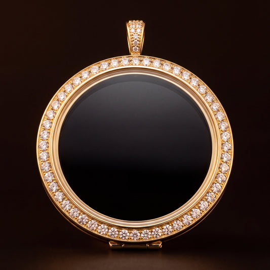 The Portrait Medallion in yellow gold, photographed square on against a dark ground