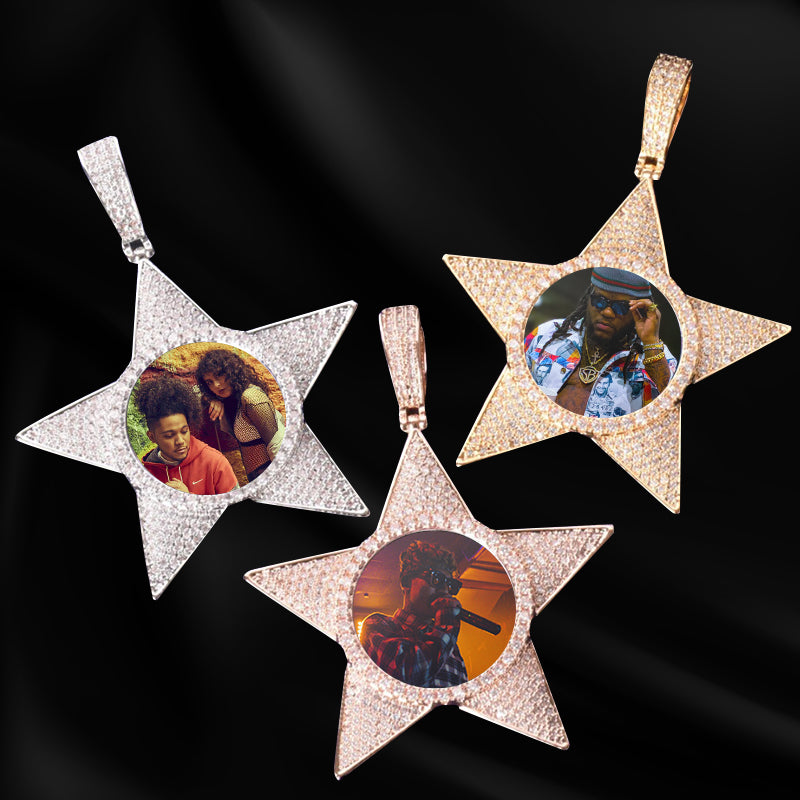 MICRO PAVED DIAMOND PENTAGRAM PHOTO PENDANT + CHAIN