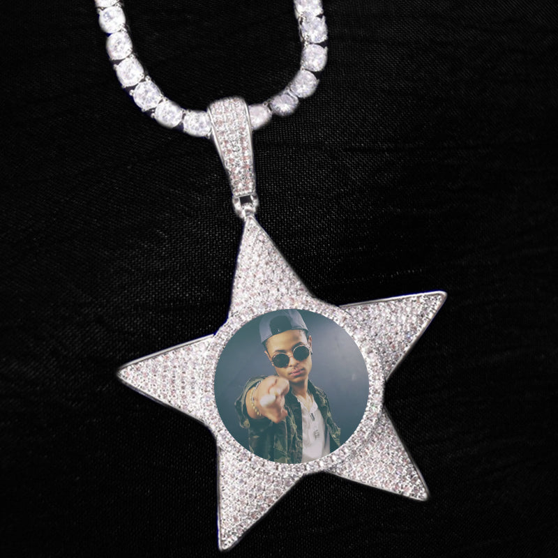 MICRO PAVED DIAMOND PENTAGRAM PHOTO PENDANT + CHAIN