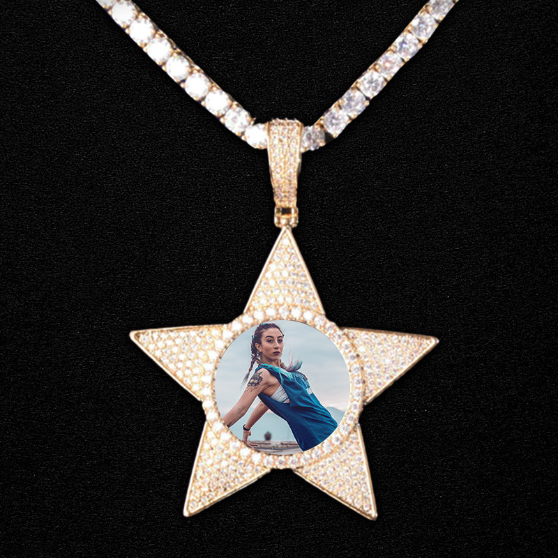 MICRO PAVED DIAMOND PENTAGRAM PHOTO PENDANT + CHAIN