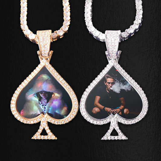 ICED OUT ROUND CUT SPADE PHOTO PENDANT + CHAIN