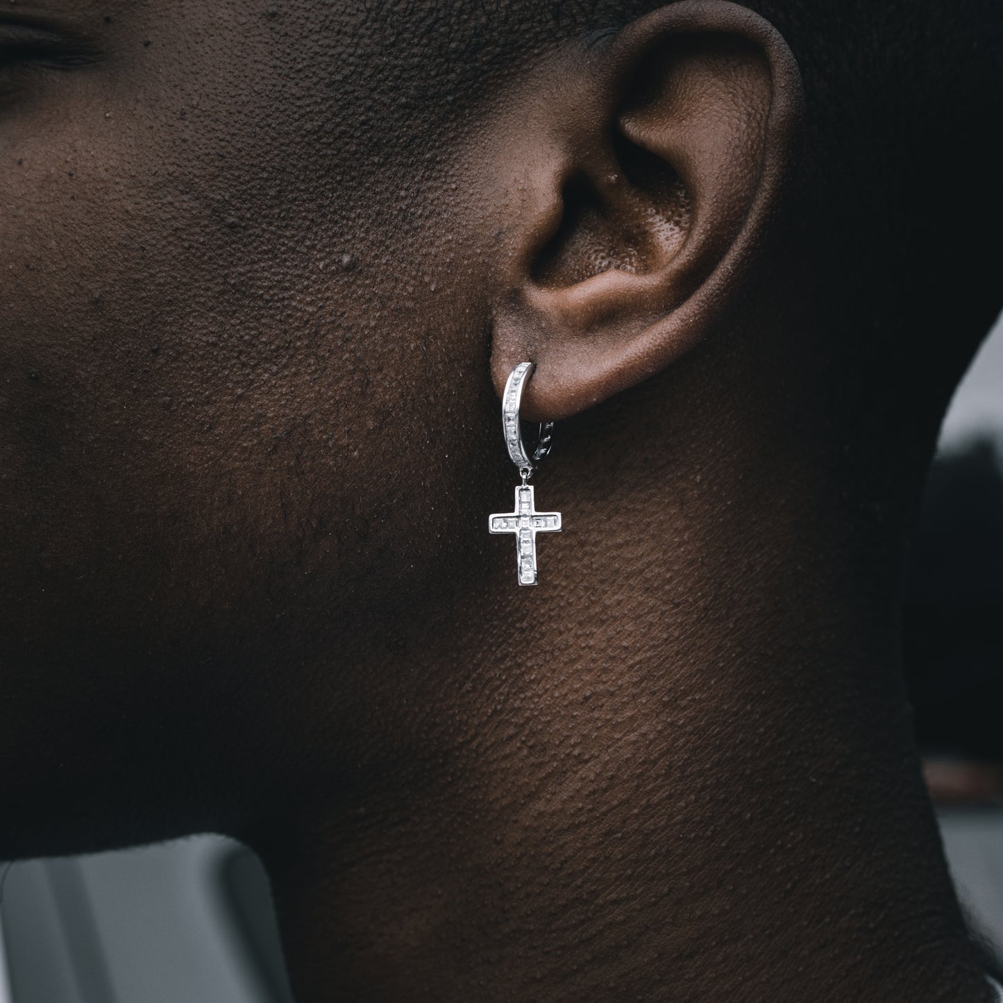 ICED BAGUETTE CROSS DANGLY HOOP EARRINGS IN WHITE GOLD