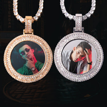 ICED OUT ROUND BAGUETTE DIAMOND PHOTO MEDALLION + CHAIN