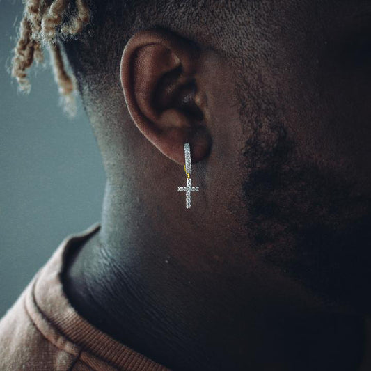 ICED ROUND CUT CROSS DANGLY HOOP EARRINGS IN YELLOW GOLD