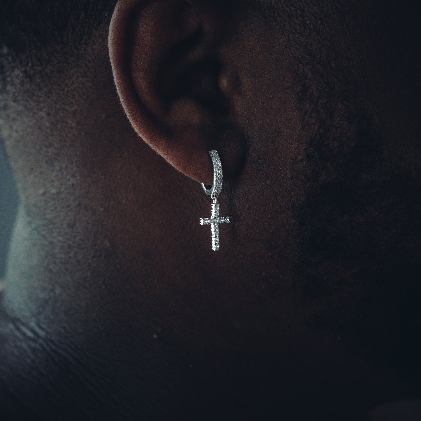 ICED ROUND CUT CROSS DANGLY HOOP EARRINGS IN WHITE GOLD