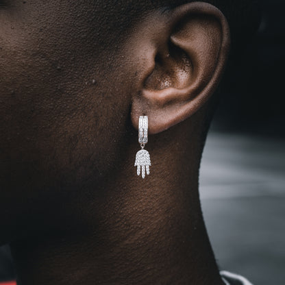 ICED HAMSA DANGLY HOOP EARRINGS IN WHITE GOLD