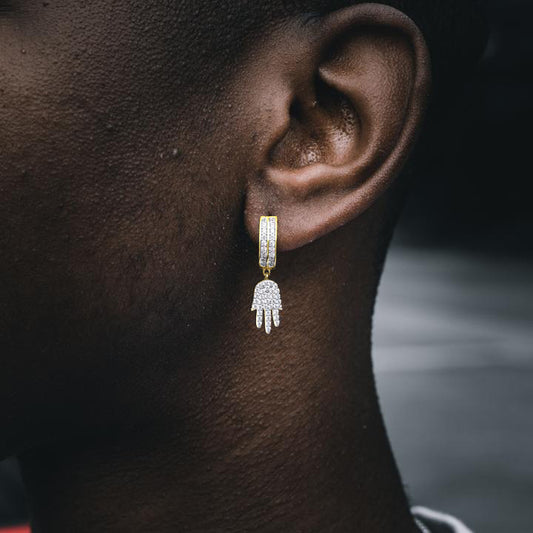 ICED HAMSA DANGLY HOOP EARRINGS IN YELLOW GOLD