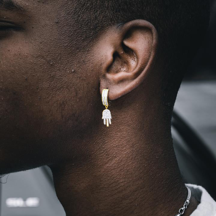 ICED HAMSA DANGLY HOOP EARRINGS IN YELLOW GOLD