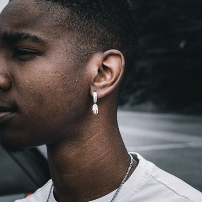 ICED HAMSA DANGLY HOOP EARRINGS IN WHITE GOLD