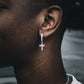 ICED BAGUETTE CROSS DANGLY HOOP EARRINGS IN WHITE GOLD