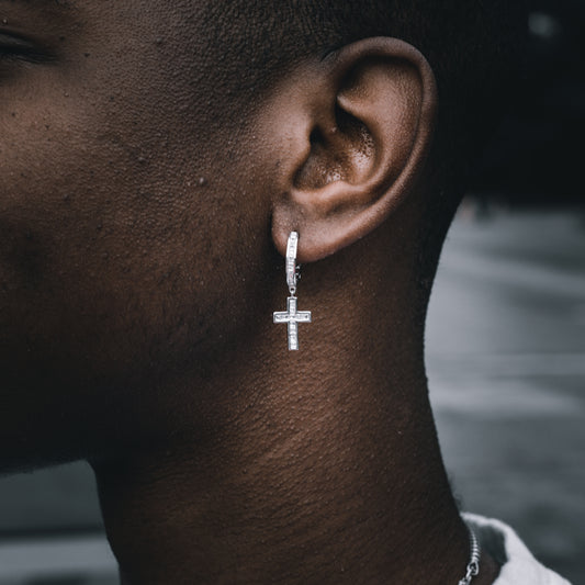ICED BAGUETTE CROSS DANGLY HOOP EARRINGS IN WHITE GOLD