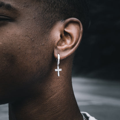 ICED BAGUETTE CROSS DANGLY HOOP EARRINGS IN WHITE GOLD