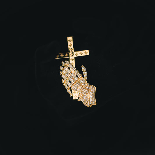 SKELETON PRAYING HANDS CROSS PENDANT + CHAIN
