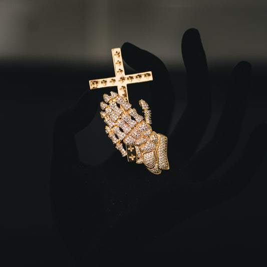 SKELETON PRAYING HANDS CROSS PENDANT + CHAIN