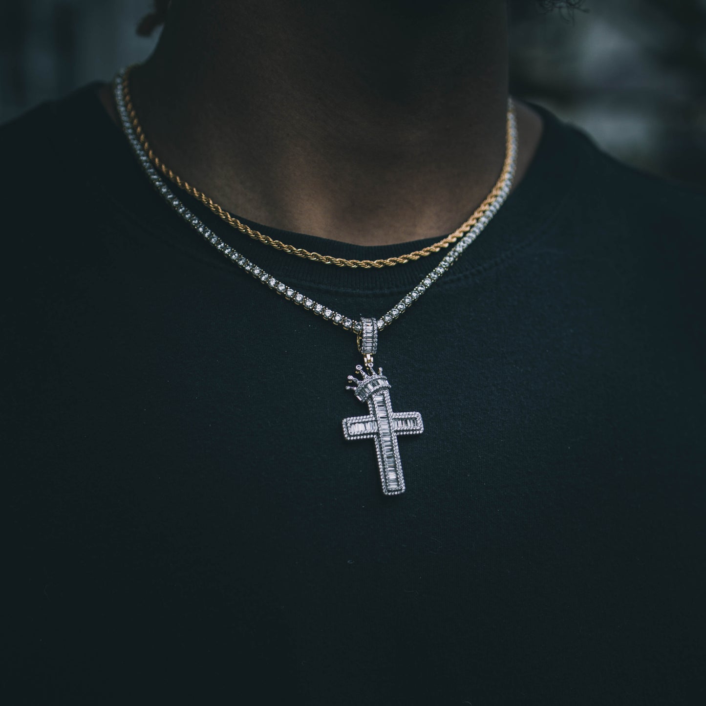 ICED ROYAL BLESSINGS CROSS PENDANT IN YELLOW GOLD