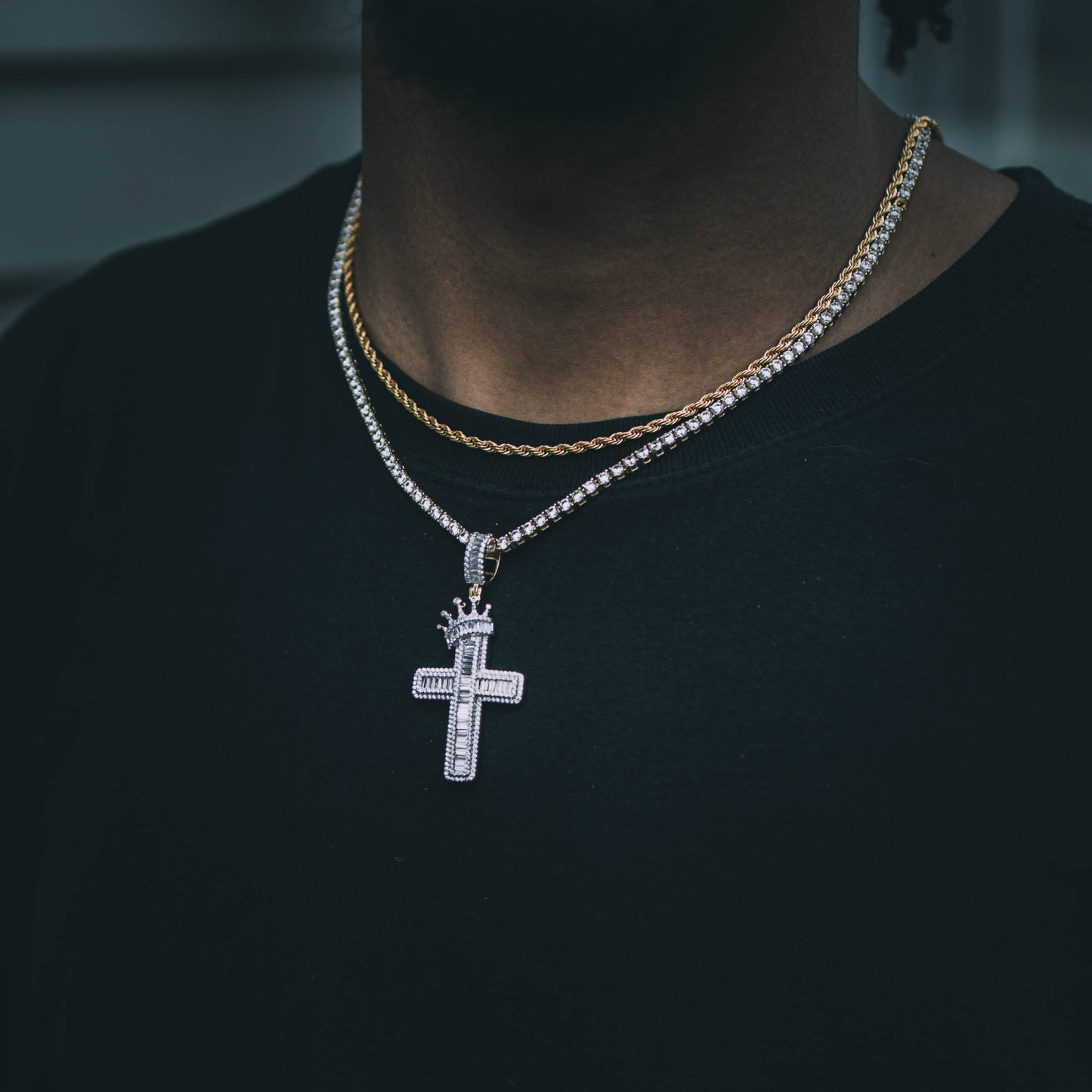 ICED ROYAL BLESSINGS CROSS PENDANT IN YELLOW GOLD