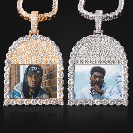 ICED OUT ROUND CUT TOMBSTONE PHOTO PENDANT + CHAIN