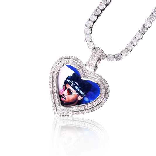 CUSTOM BAGUETTE DIAMOND HEART PHOTO PENDANT + CHAIN
