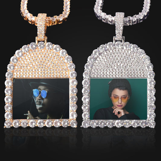 ICED OUT ROUND CUT TOMBSTONE PHOTO PENDANT + CHAIN